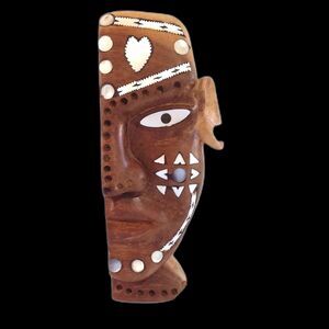 Vintage Hand-Carved Wood Sculpture Half Face with Mother-of-Pearl Inlay Tribal
